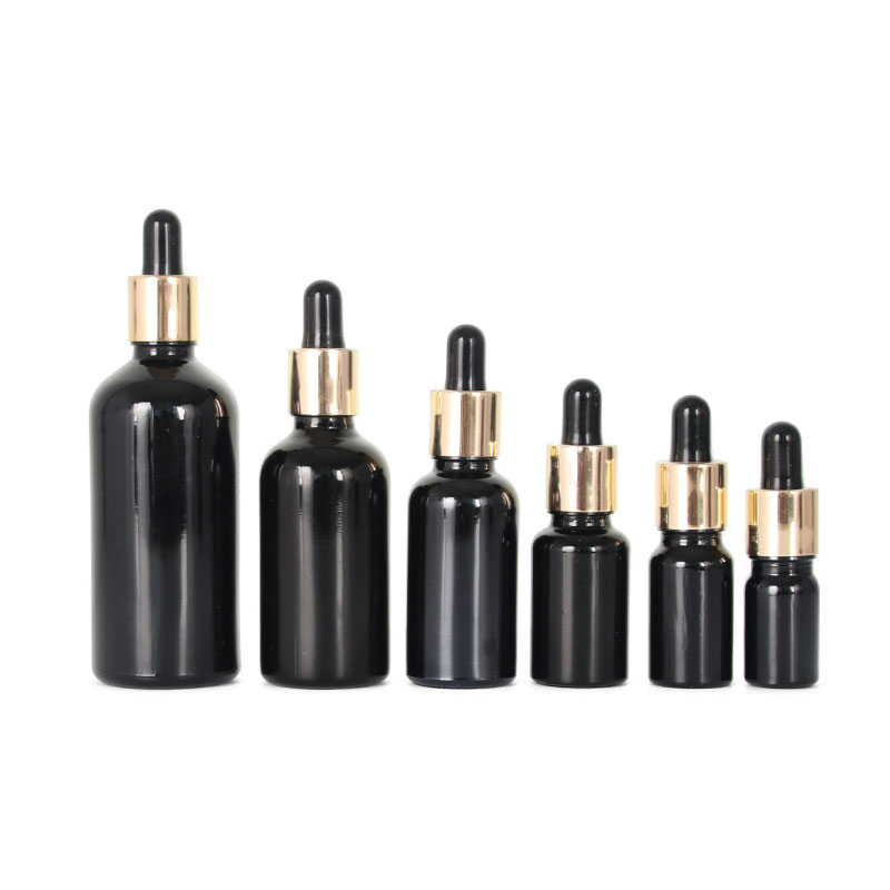 5mL 10mL 15mL 20mL 30mL 50mL 60mL 100mL 様々なボリュームブラックエッセンシャルオイルガラスボトル スキンケア用ゴールデンアルミニウムスポイト付き